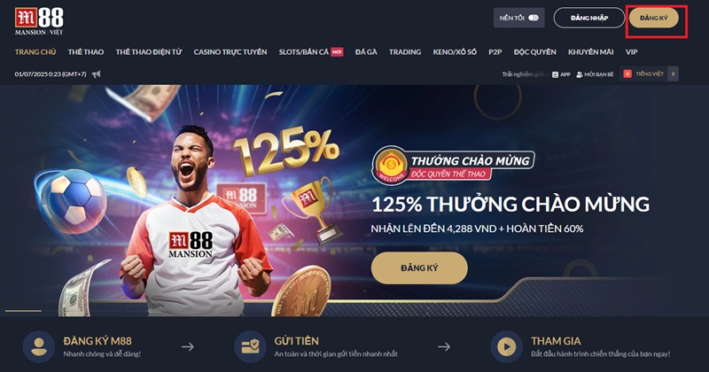 Bấm chọn yêu cầu đăng ký M88 trên trang chủ